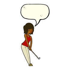 cartoon woman playing golf with speech bubble N10