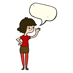 cartoon friendly girl waving with speech bubble N5