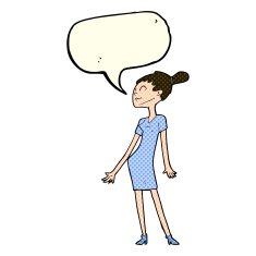 cartoon woman in dress with speech bubble N19