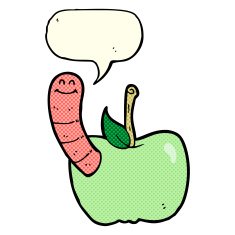 cartoon apple with worm speech bubble N22