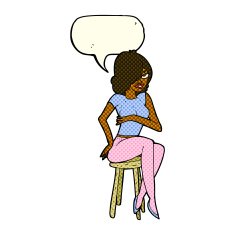 cartoon woman sitting on bar stool with speech bubble N9