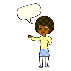cartoon welcoming woman with speech bubble N6