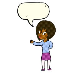 cartoon woman making welcome gesture with speech bubble N6