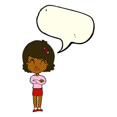 cartoon happy woman with folded arms speech bubble N12