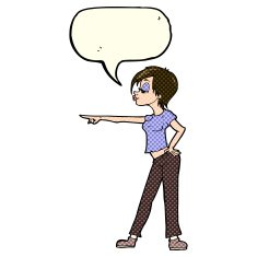 cartoon hip woman pointing with speech bubble N5