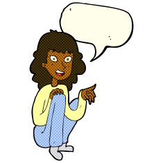cartoon happy woman sitting and pointing with speech bubble N5