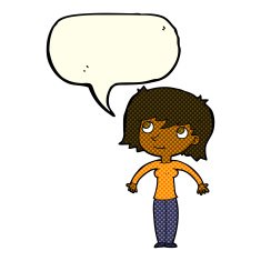 cartoon woman shrugging with speech bubble N30
