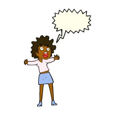 cartoon frightened woman with speech bubble N16