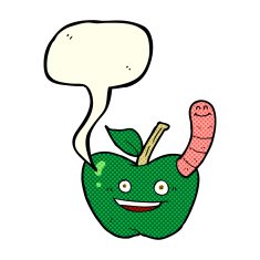 cartoon apple with worm speech bubble N26