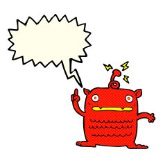 cartoon weird little alien with speech bubble N11