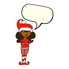 cartoon santa's helper woman with speech bubble N6