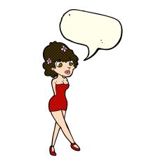 cartoon woman posing in dress with speech bubble N18
