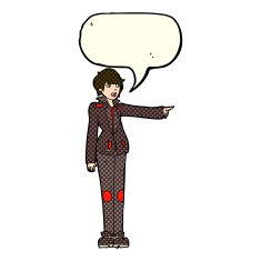 cartoon woman in leather jacket pointing with speech bubble N6