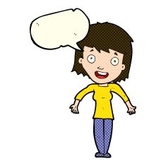 cartoon woman shrugging shoulders with speech bubble N257