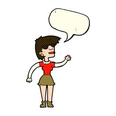 cartoon woman in spectacles waving with speech bubble N6