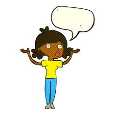 cartoon woman throwing arms in air with speech bubble N6