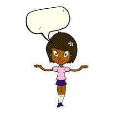 cartoon woman making balancing gesture with speech bubble N6
