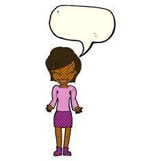 cartoon happy woman shrugging shoulders with speech bubble N10