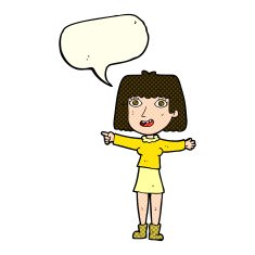 cartoon happy woman pointing with speech bubble N37