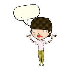 cartoon woman holding arms in air with speech bubble N6