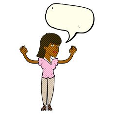 cartoon woman throwing hands in air with speech bubble N6