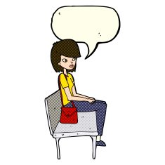 cartoon woman sitting on bench with speech bubble N6