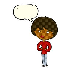 cartoon woman making Who Me? gesture with speech bubble N23
