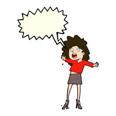 cartoon woman having trouble walking in heels with speech bubble N5