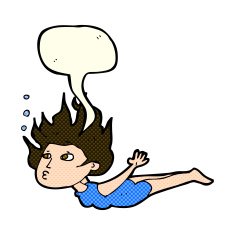 cartoon woman swimming underwater with speech bubble N5