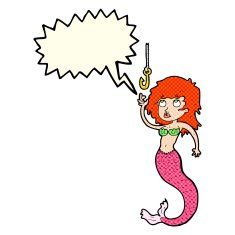 cartoon mermaid and fish hook with speech bubble N5