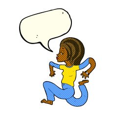 cartoon woman running with speech bubble N6
