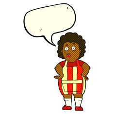 cartoon woman in kitchen apron with speech bubble N6
