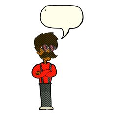 cartoon hipster man with mustache and spectacles speech bub N6
