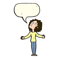 cartoon curious woman looking upwards with speech bubble N6