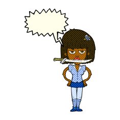 cartoon woman with knife between teeth speech bubble N22
