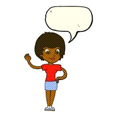 cartoon woman waving with speech bubble N184