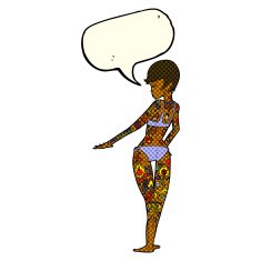 cartoon bikini girl covered in tattoos with speech bubble N5