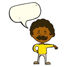 cartoon man making camp gesture with speech bubble N16