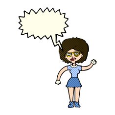 cartoon waving woman wearing spectacles with speech bubble N6