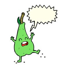 cartoon happy dancing pear with speech bubble N5