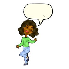 cartoon happy woman dancing with speech bubble N6