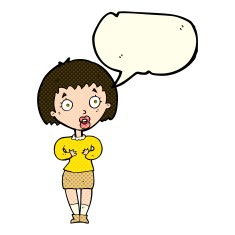 cartoon woman making Who Me? gesture with speech bubble N24