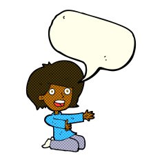 cartoon shocked woman on knees with speech bubble N6