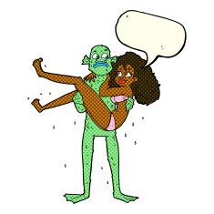 cartoon swamp monster carrying woman in bikini with speech bubbl N6