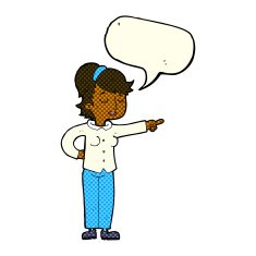 cartoon friendly woman pointing with speech bubble N6