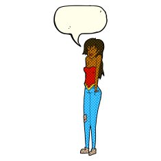 cartoon pretty woman shrugging shoulders with speech bubble N6