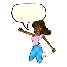 cartoon jumping woman with speech bubble N6