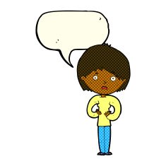 cartoon woman making Who Me? gesture with speech bubble N25