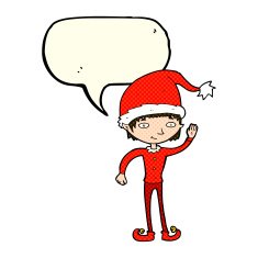 cartoon waving christmas elf with speech bubble N6
