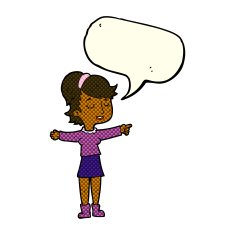 cartoon happy woman pointing with speech bubble N39